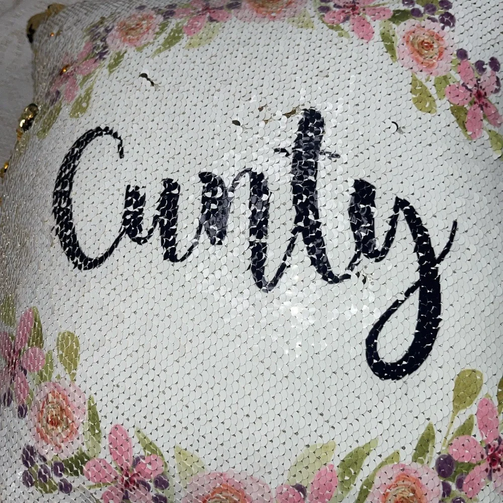 Floral white and Gold Sequin Pillow with Script